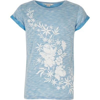 Girls pale blue floral roll sleeve T-shirt